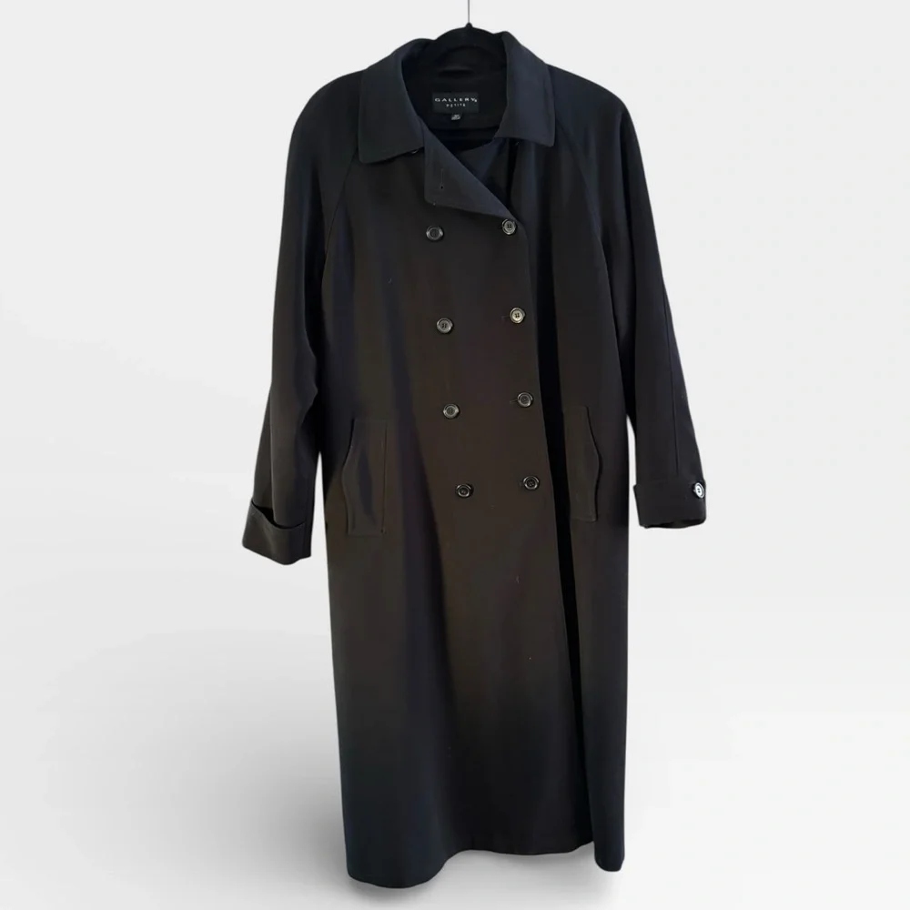 Vintage Gallery Long Black Classic Double Breasted Capsule Trench Coat Size 16P - Picture 2 of 11
